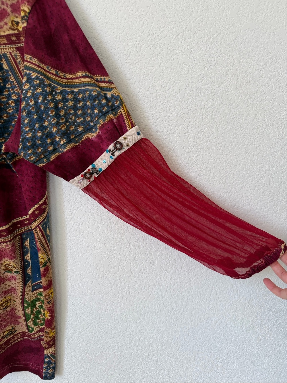 Ulla Popken Boho Patchwork Relaxed Fit V-Neck Tunic Burgundy Multi Size 20/22 - Picture 4 of 13